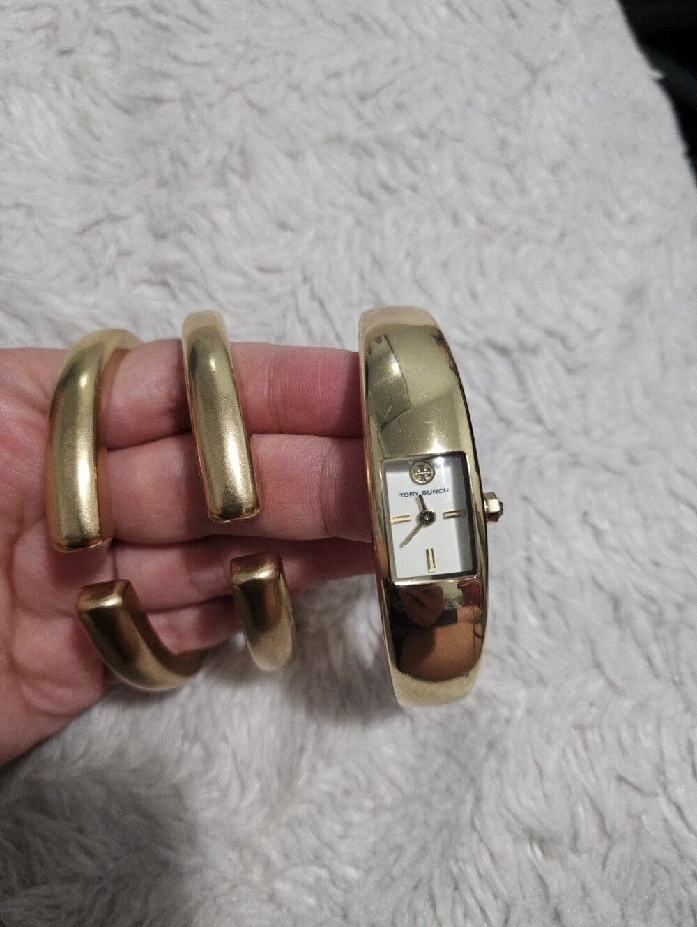 Tory Burch Gold and White Bangle Watch